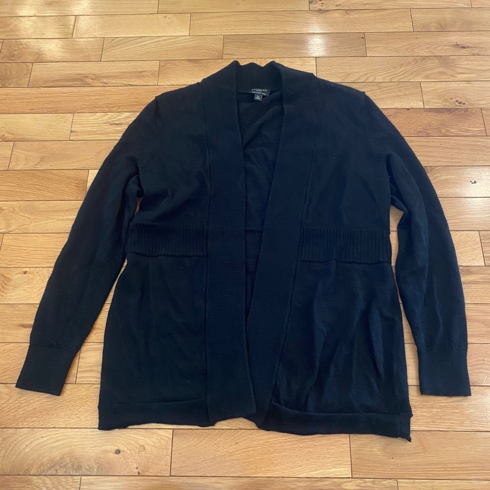 Talbots Petites Black 100% Pure Merino Wool Open Front Cardigan Ribbed SP